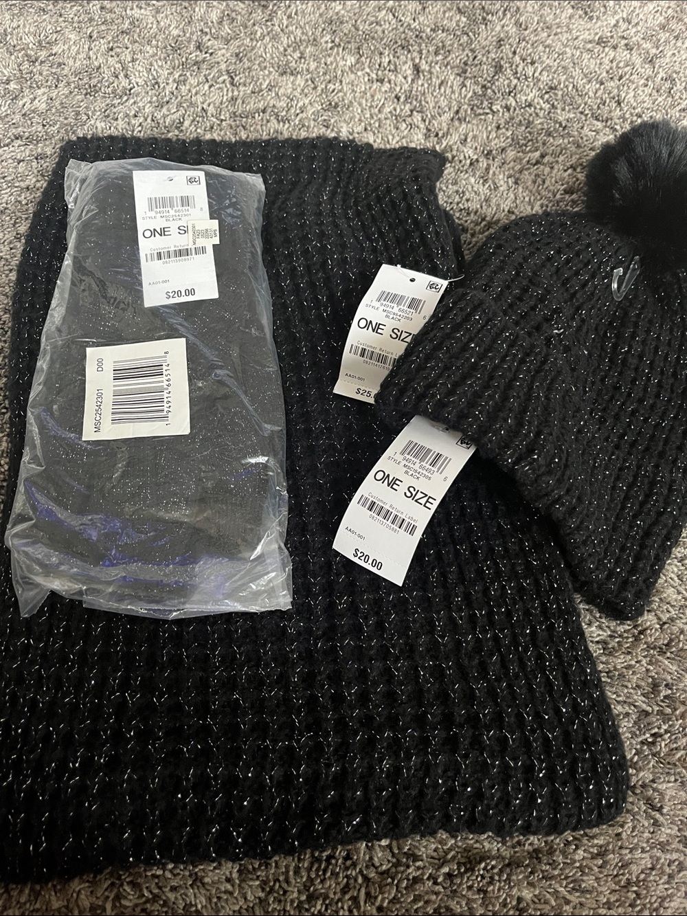 Style & Co. Black Knit Pom hat, gloves and Scarf Set! Black with some silver.